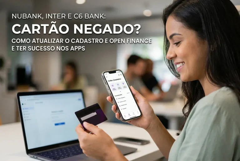 Mulher sorrindo com smartphone e cartão, foco em apps financeiros
