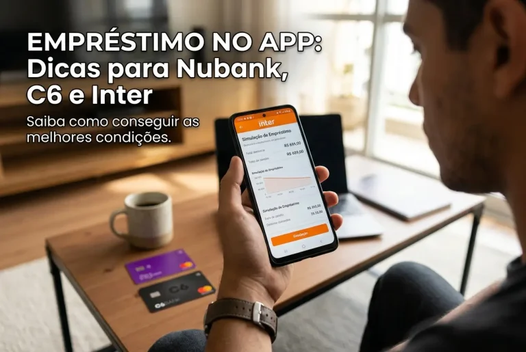 Pessoa simulando empréstimo no app do Inter, cartões na mesa